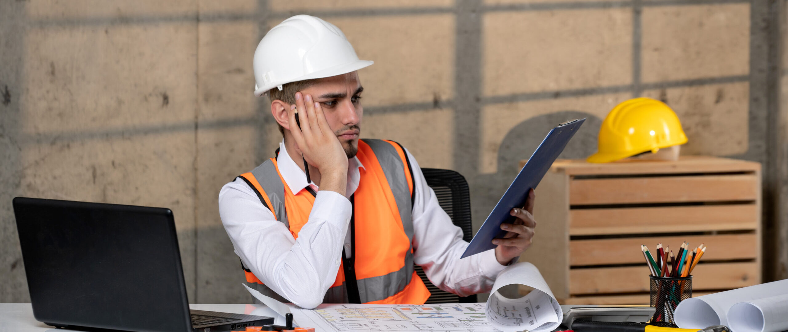 engineer handsome young smart guy civil worker in helmet and vest thinking